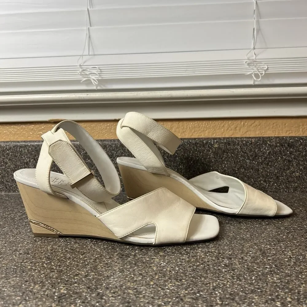 Franco Sarto White Leather Wedge Sandals Women's Size 10 M Open Toe Ankle Straps